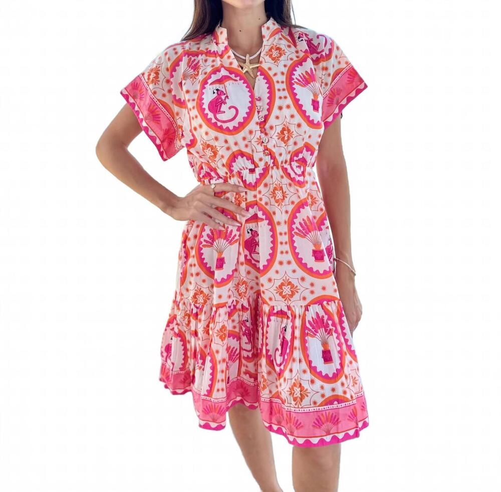 NEW ISLAPAYAL rhodes mini dress in monkey chinoiserie pink